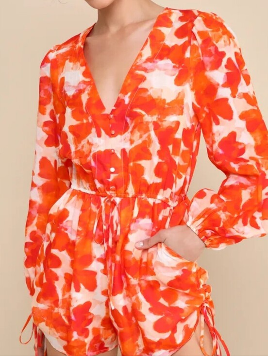 Lulus Pants - Lulus Sunny Demeanor Orange Floral Linen Blend Romper Long Sleeve Drawstring L